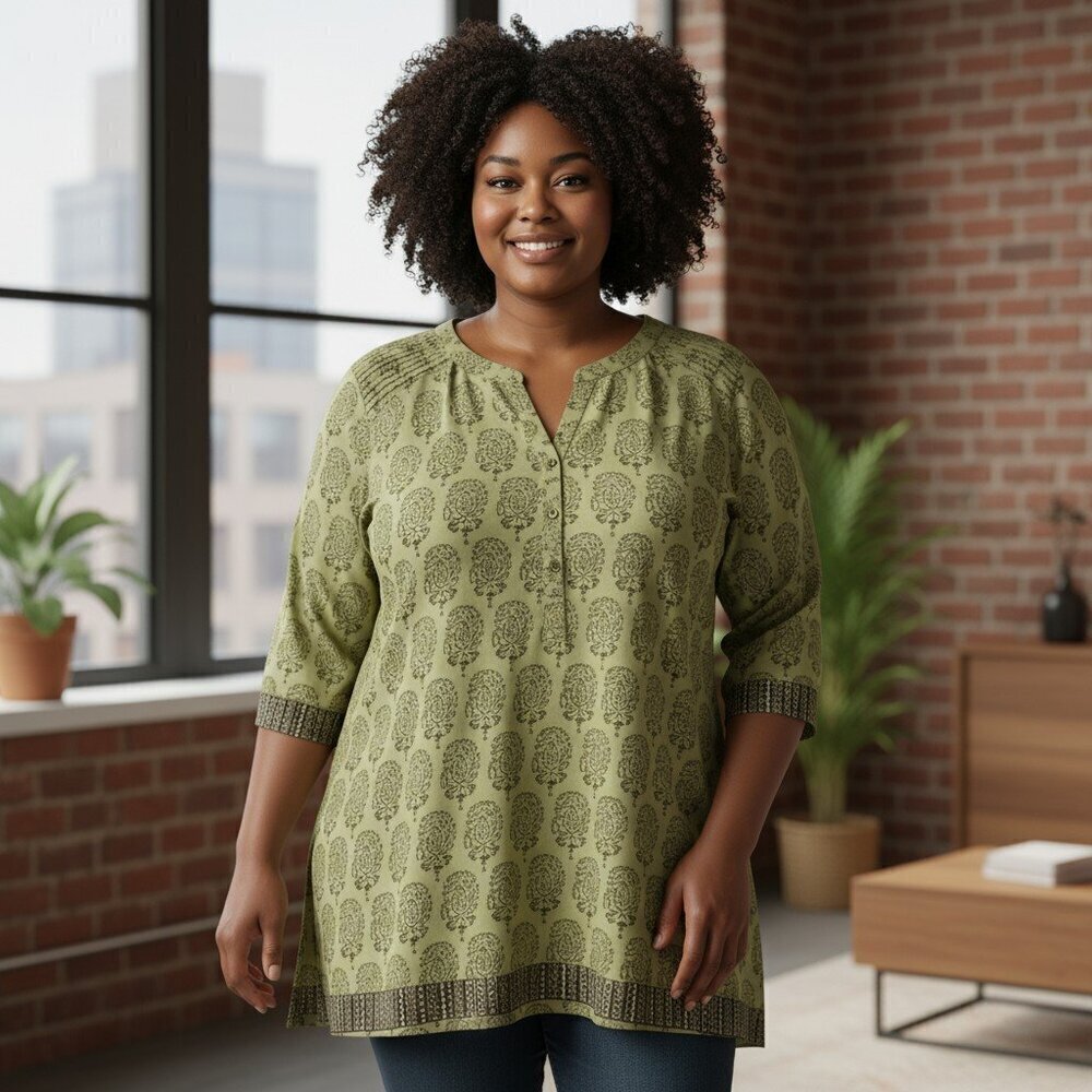 Mantra Boho Tunic Top Women’s Medium Green Block Print 3/4 Sleeve